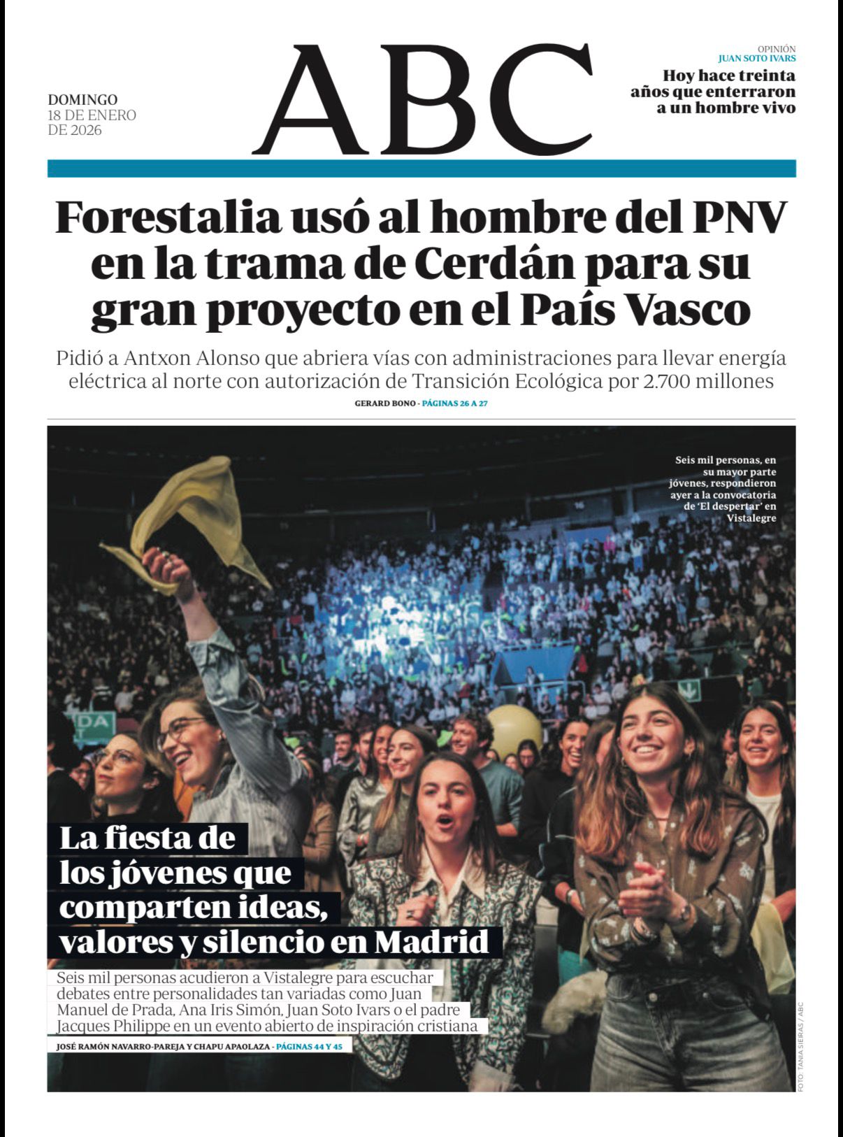 Portada de ABC del 18 de enero de 2026, con una fotografía del público y cobertura de El Despertar.