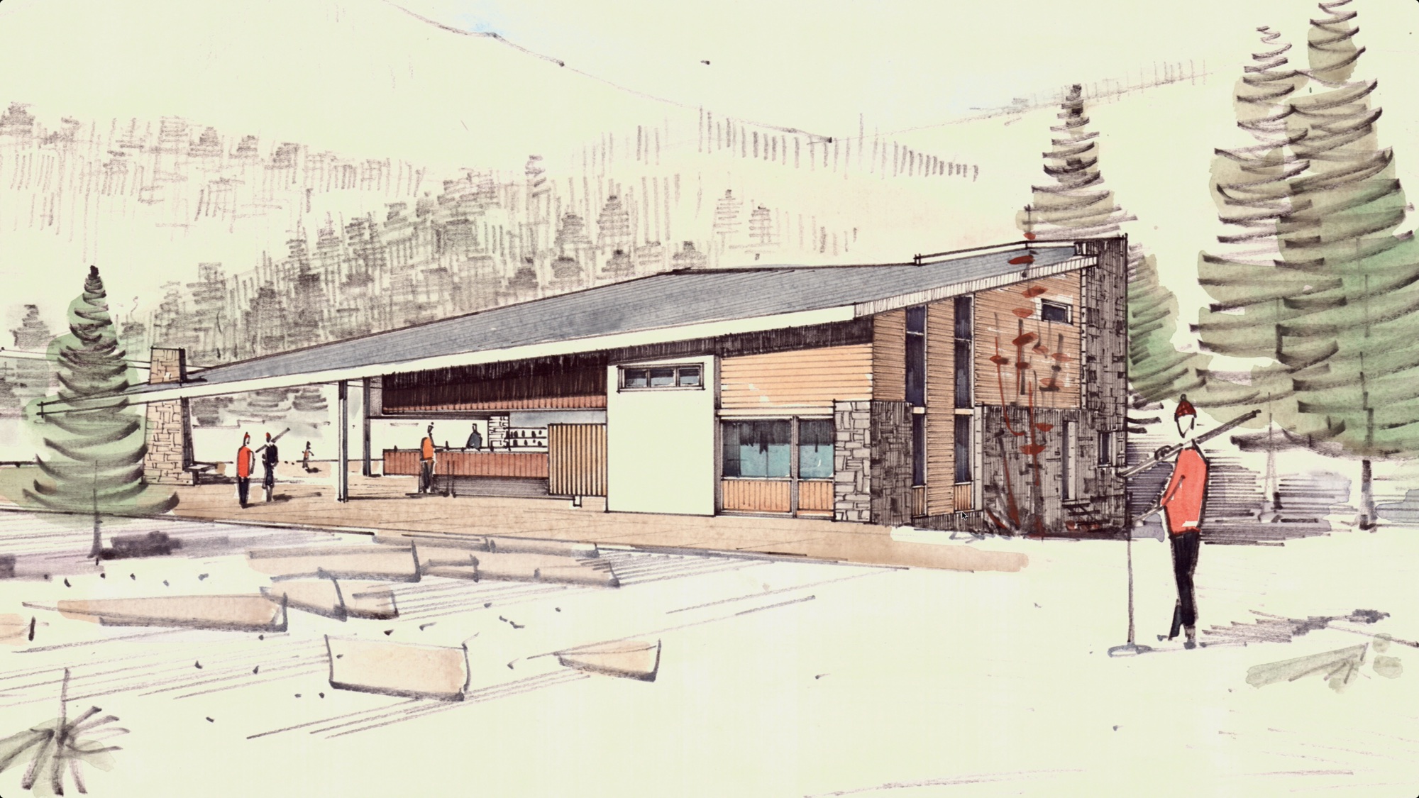 Dibujo arquitectónico de un edificio en un paisaje de montaña, incluido en el documental.